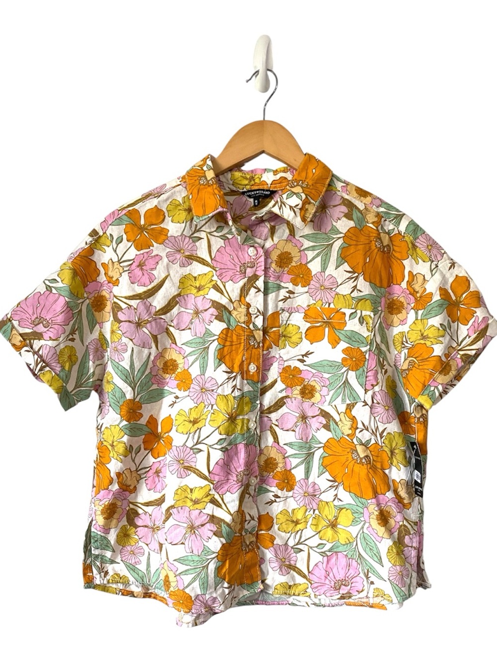 NWT Lucky Brand Floral Linen Blend Oversized Camp Shirt Button Up Retro Boho M